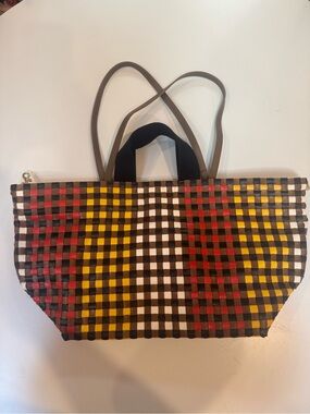 Clare V. Bateau Tote Harlequin- Woven Multicolor Tote Bag - Brown, Yellow, Red,